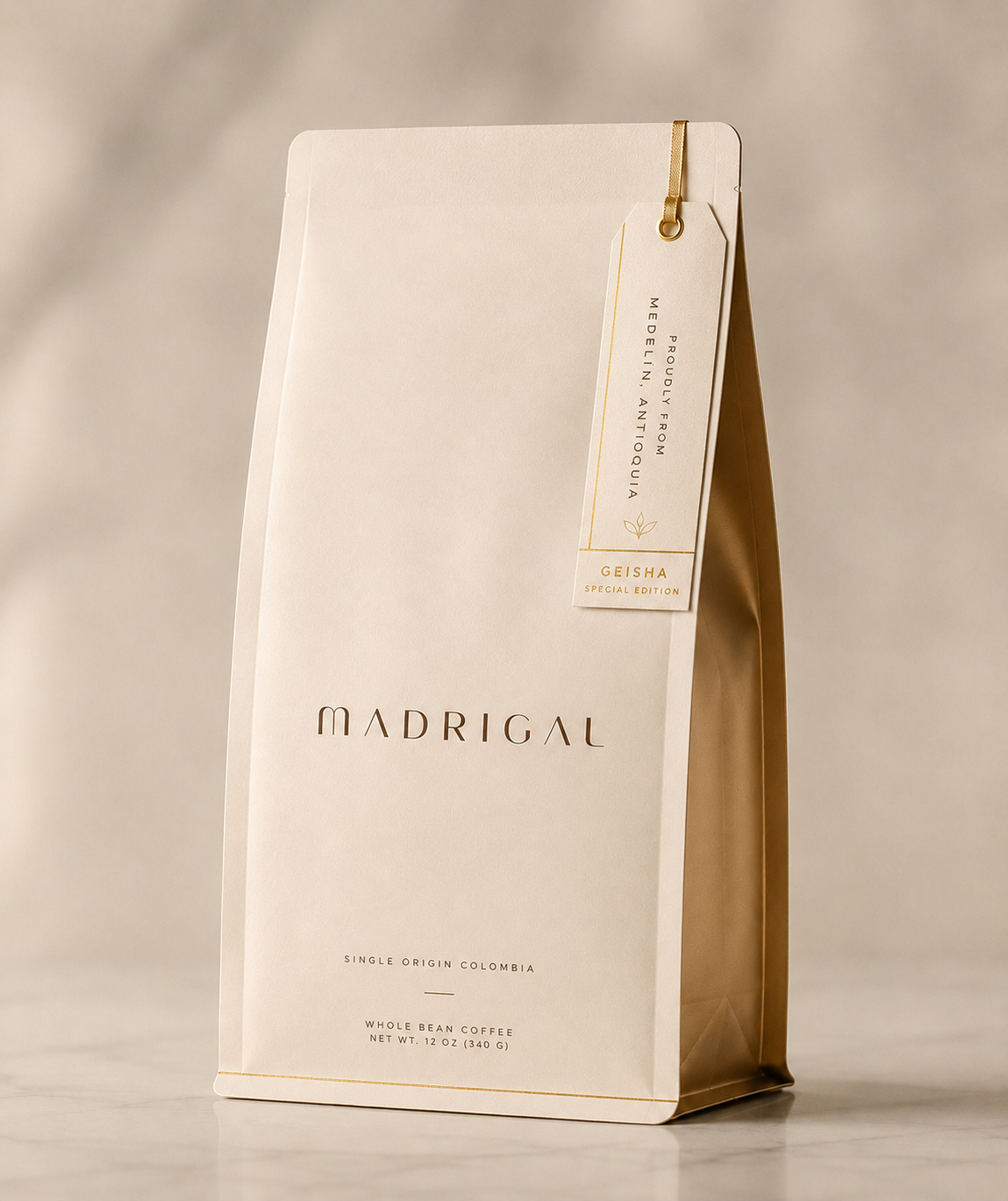 Madrigal single-origin Colombian coffee — front of package