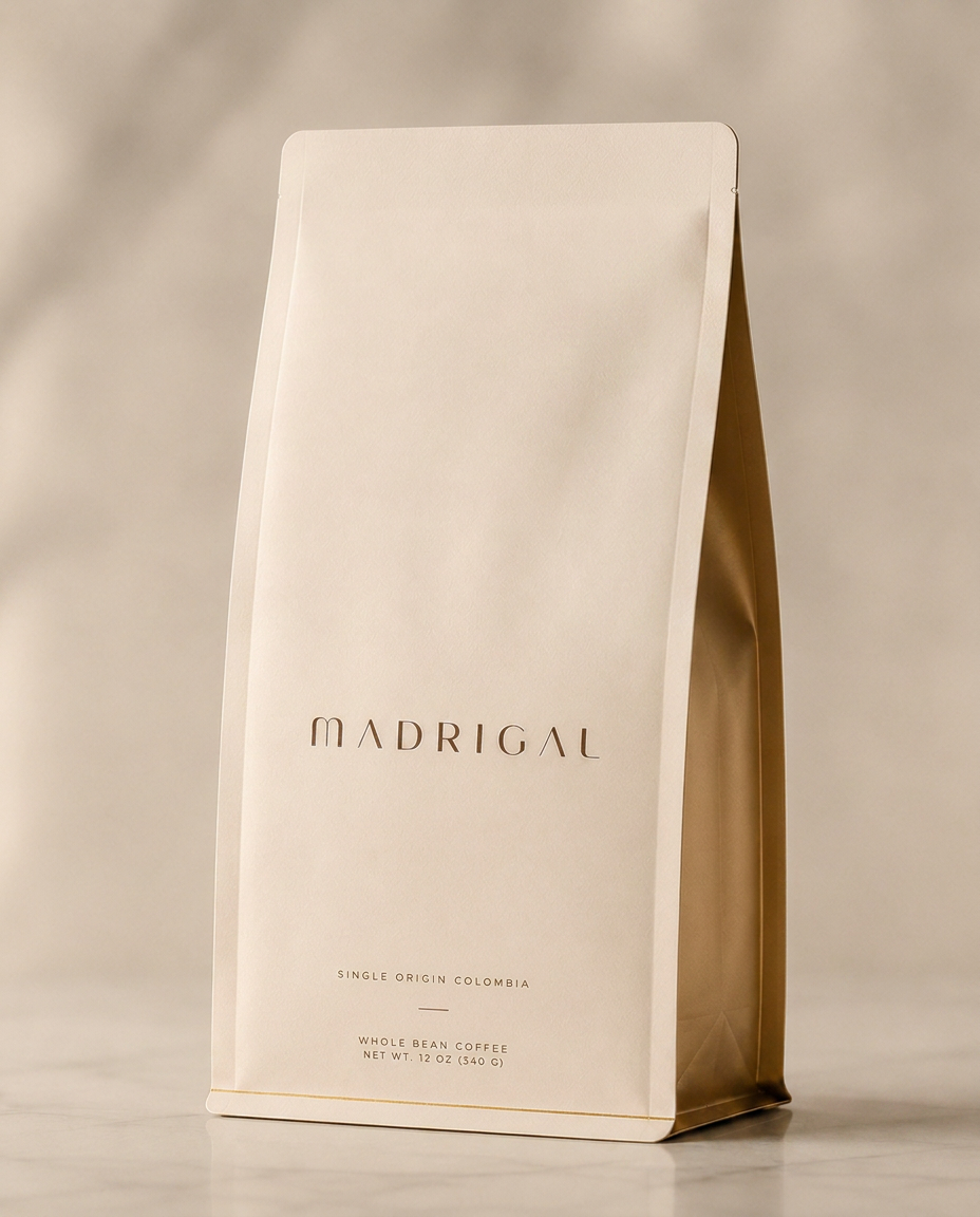 Madrigal single-origin Colombian coffee, front of package